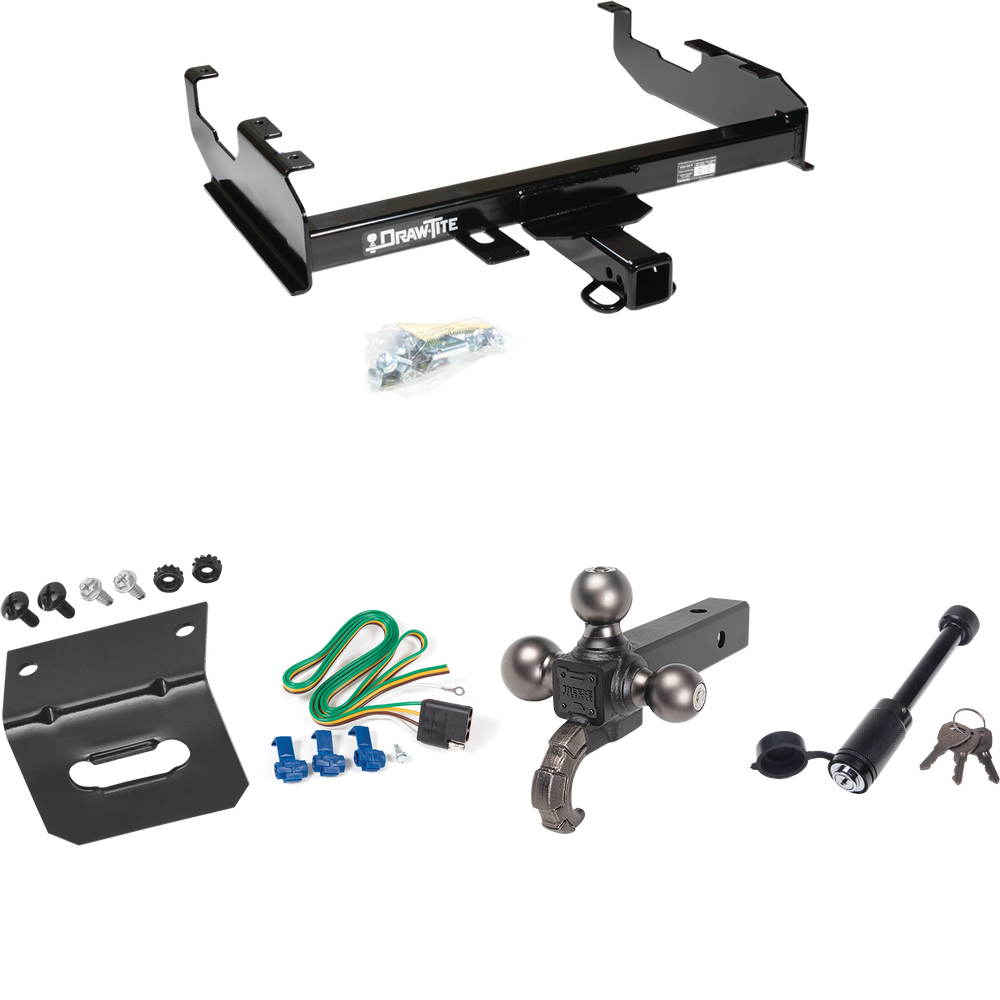 Fits 1963-1965 GMC 1000 Series Trailer Hitch Tow PKG w/ 4-Flat Wiring + Tactical Triple Ball Ball Mount 1-7/8" & 2" & 2-5/16" Balls & Tow Hook + Tactical Dogbone Lock + Wiring Bracket (For w/8' Bed Models) By Draw-Tite