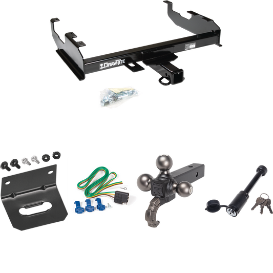 Fits 1963-1965 GMC 1000 Series Trailer Hitch Tow PKG w/ 4-Flat Wiring + Tactical Triple Ball Ball Mount 1-7/8" & 2" & 2-5/16" Balls & Tow Hook + Tactical Dogbone Lock + Wiring Bracket (For w/8' Bed Models) By Draw-Tite