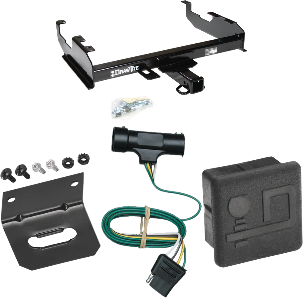 Fits 1979-1984 GMC K2500 Trailer Hitch Tow PKG w/ 4-Flat Wiring Harness + Wiring Bracket + Hitch Cover (For w/8' Bed Models) By Draw-Tite