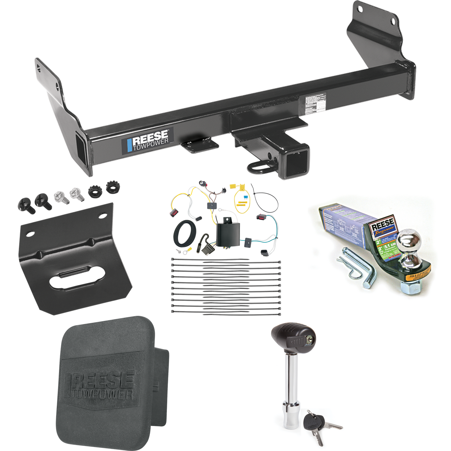 Fits 2021-2021 Jeep Grand Cherokee Trailer Hitch Tow PKG w/ 4-Flat Wiring + Starter Kit Ball Mount w/ 2" Drop & 1-7/8" Ball + Wiring Bracket + Hitch Lock + Hitch Cover (For w/OEM Tow Hook, Except w/ECODiesel Engine Models) By Reese Towpower