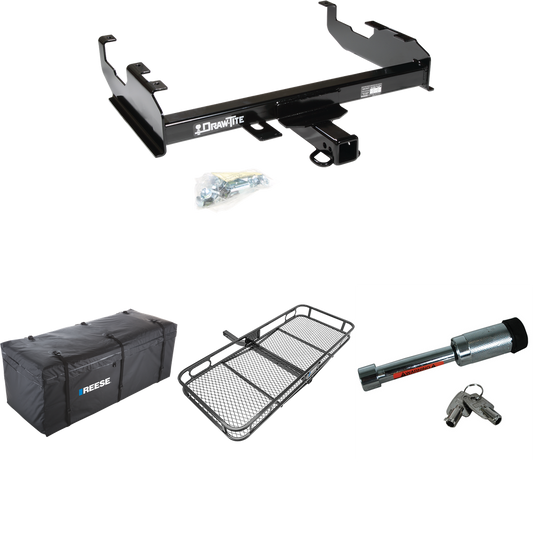 Fits 1967-1978 GMC K25 Trailer Hitch Tow PKG w/ 60" x 24" Cargo Carrier + Cargo Bag + Hitch Lock (For w/8' Bed Models) By Draw-Tite