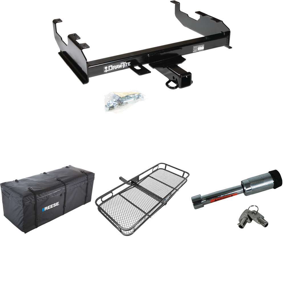 Fits 1979-1986 GMC C2500 Trailer Hitch Tow PKG w/ 60" x 24" Cargo Carrier + Cargo Bag + Hitch Lock (For w/8' Bed Models) By Draw-Tite