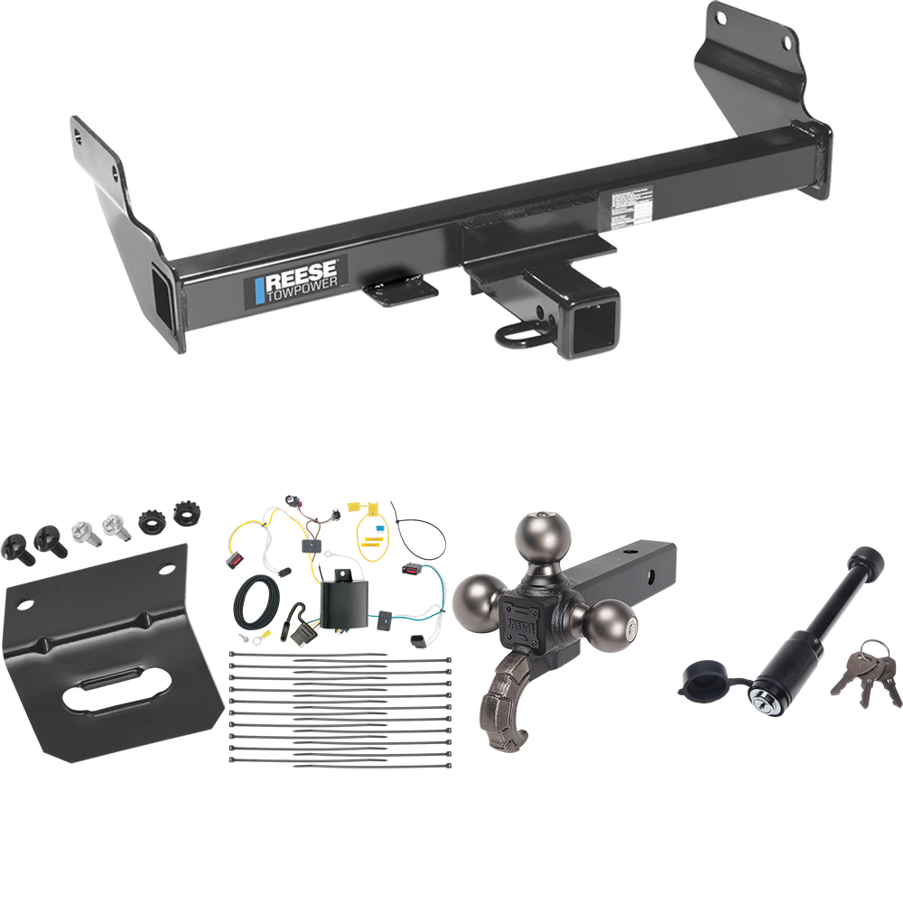 Fits 2014-2021 Jeep Grand Cherokee Trailer Hitch Tow PKG w/ 4-Flat Wiring + Triple Ball Tactical Ball Mount 1-7/8" & 2" & 2-5/16" Balls w/ Tow Hook + Tactical Dogbone Lock + Wiring Bracket (Excludes: w/OEM Tow Hook or ECODiesel Engine Models) By Rees