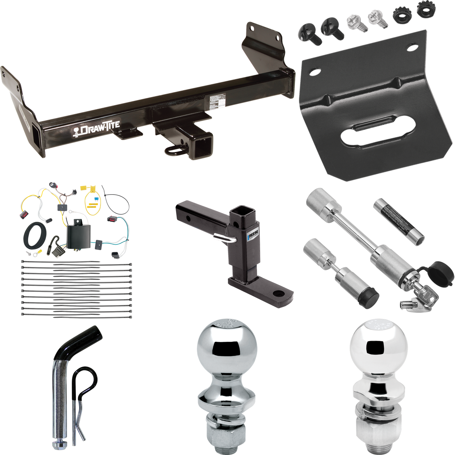 Fits 2014-2021 Jeep Grand Cherokee Trailer Hitch Tow PKG w/ 4-Flat Wiring Harness + Adjustable Drop Rise Ball Mount + Pin/Clip + 2" Ball + 1-7/8" Ball + Dual Hitch & Coupler Locks (For w/OEM Tow Hook, Except w/ECODiesel Engine Models) By Draw-Tite