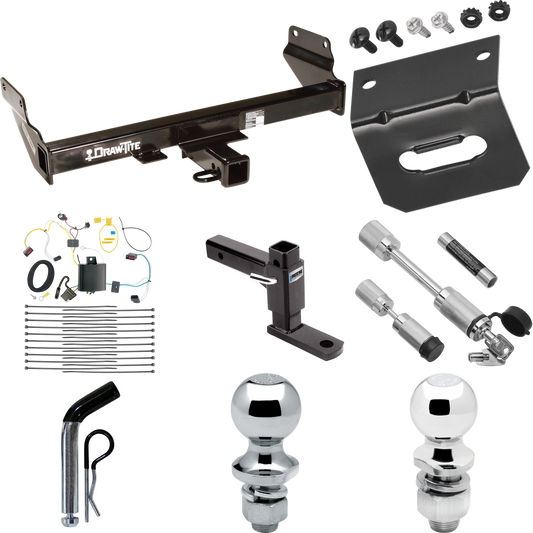 Fits 2014-2021 Jeep Grand Cherokee Trailer Hitch Tow PKG w/ 4-Flat Wiring Harness + Adjustable Drop Rise Ball Mount + Pin/Clip + 2" Ball + 1-7/8" Ball + Dual Hitch & Coupler Locks (For w/OEM Tow Hook, Except w/ECODiesel Engine Models) By Draw-Tite