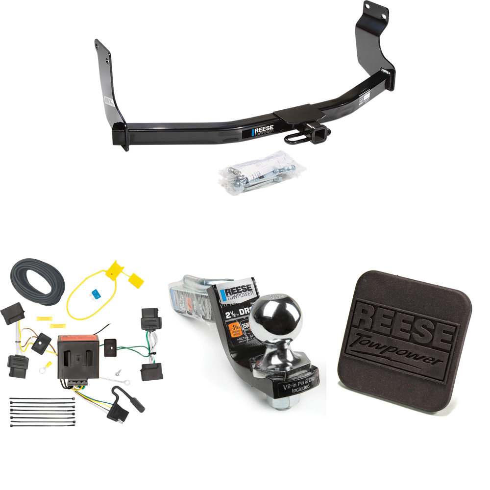 Fits 2008-2011 Mazda Tribute Trailer Hitch Tow PKG w/ 4-Flat Wiring Harness + Interlock Starter Kit w/ 2" Ball 2-1/2" Drop 2" Rise + Hitch Cover By Reese Towpower