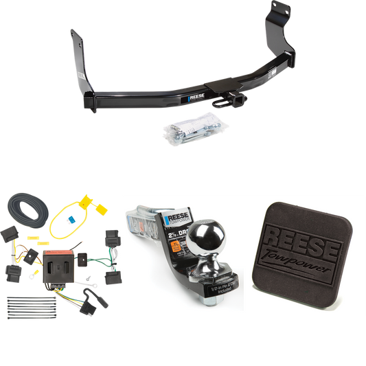 Fits 2008-2011 Mazda Tribute Trailer Hitch Tow PKG w/ 4-Flat Wiring Harness + Interlock Starter Kit w/ 2" Ball 2-1/2" Drop 2" Rise + Hitch Cover By Reese Towpower