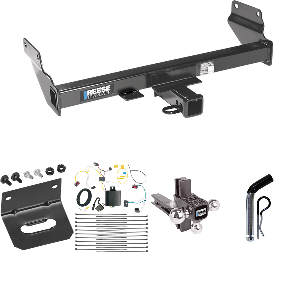 Fits 2014-2021 Jeep Grand Cherokee Trailer Hitch Tow PKG w/ 4-Flat Wiring Harness + Adjustable Drop Rise Triple Ball Ball Mount 1-7/8" & 2" & 2-5/16" Trailer Balls + Pin/Clip + Wiring Bracket (Excludes: w/OEM Tow Hook or ECODiesel Engine Models) By R