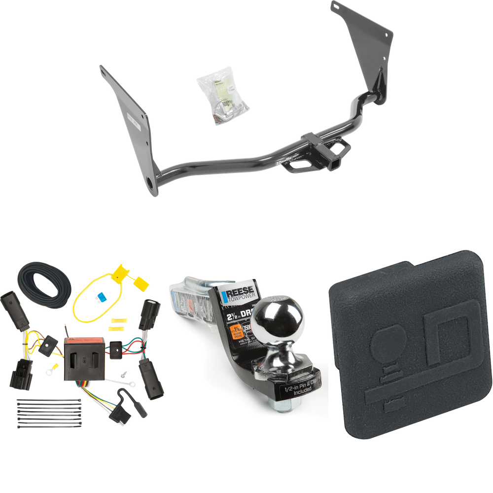 Fits 2013-2016 Ford Escape Trailer Hitch Tow PKG w/ 4-Flat Wiring Harness + Interlock Starter Kit w/ 2" Ball 2-1/2" Drop 2" Rise + Hitch Cover By Draw-Tite