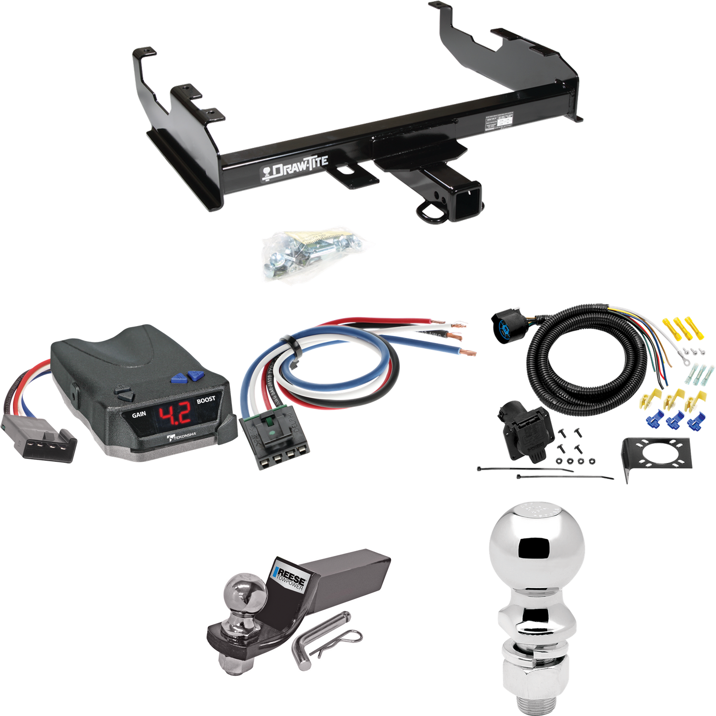 Fits 1979-1986 GMC C2500 Trailer Hitch Tow PKG w/ Tekonsha BRAKE-EVN Brake Control + Generic BC Wiring Adapter + 7-Way RV Wiring + 2" & 2-5/16" Ball & Drop Mount (For w/8' Bed Models) By Draw-Tite