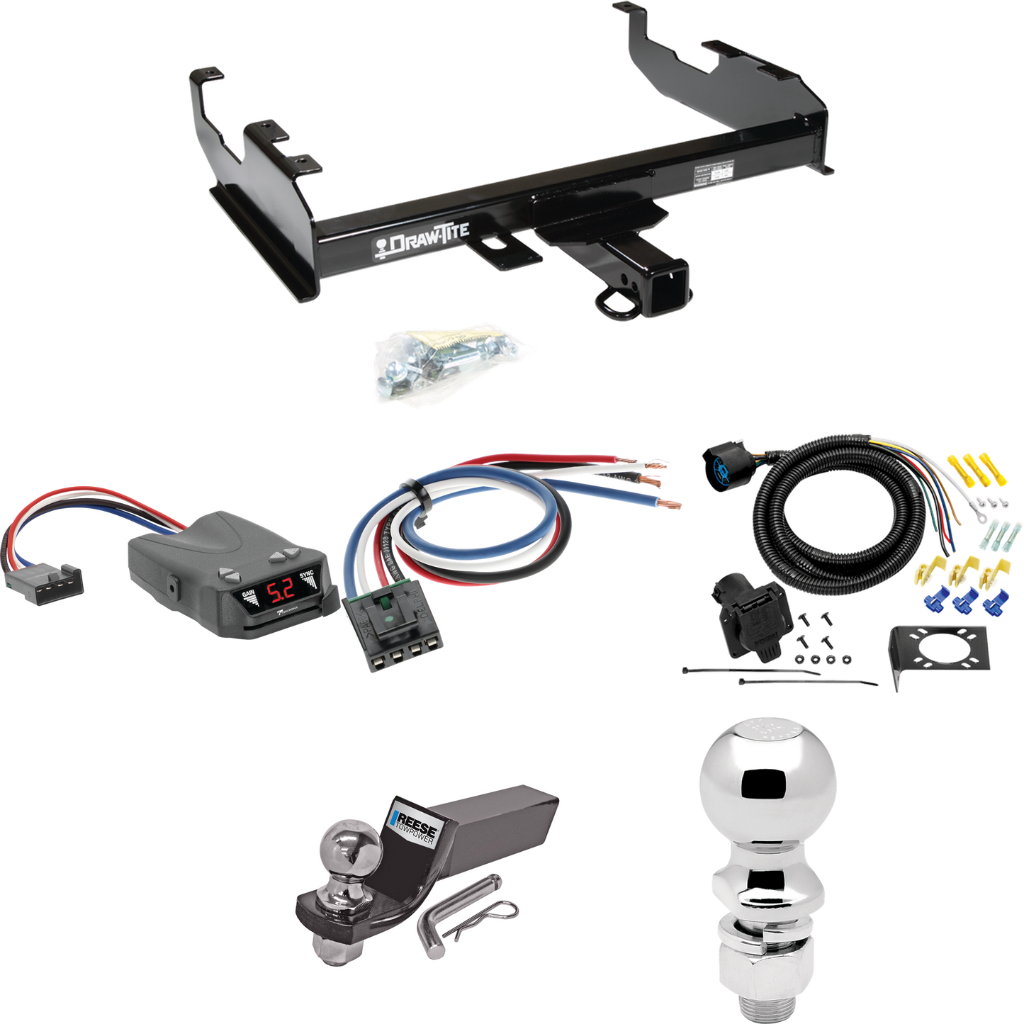 Fits 1988-1991 Chevrolet C2500 Trailer Hitch Tow PKG w/ Tekonsha Brakeman IV Brake Control + Generic BC Wiring Adapter + 7-Way RV Wiring + 2" & 2-5/16" Ball & Drop Mount (For Crew Cab w/8' Bed Models) By Draw-Tite