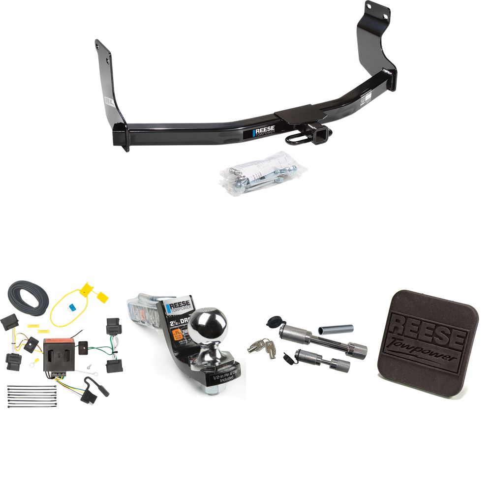 Fits 2008-2011 Mazda Tribute Trailer Hitch Tow PKG w/ 4-Flat Wiring Harness + Interlock Starter Kit w/ 2" Ball 2-1/2" Drop 2" Rise + Hitch Cover + Dual Hitch & Coupler Locks By Reese Towpower