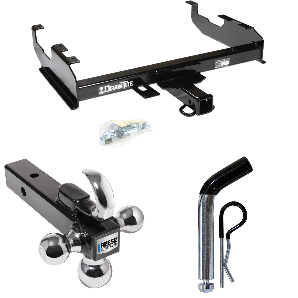 Fits 1999-2000 Ford F-350 Super Duty Trailer Hitch Tow PKG w/ Triple Ball Ball Mount 1-7/8" & 2" & 2-5/16" Trailer Balls w/ Tow Hook + Pin/Clip (For Cab & Chassis, w/34" Wide Frames Models) By Draw-Tite