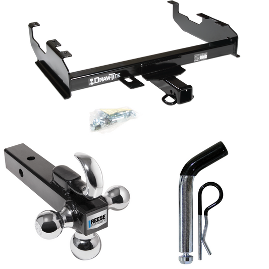 Fits 1999-2000 Ford F-350 Super Duty Trailer Hitch Tow PKG w/ Triple Ball Ball Mount 1-7/8" & 2" & 2-5/16" Trailer Balls w/ Tow Hook + Pin/Clip (For Cab & Chassis, w/34" Wide Frames Models) By Draw-Tite