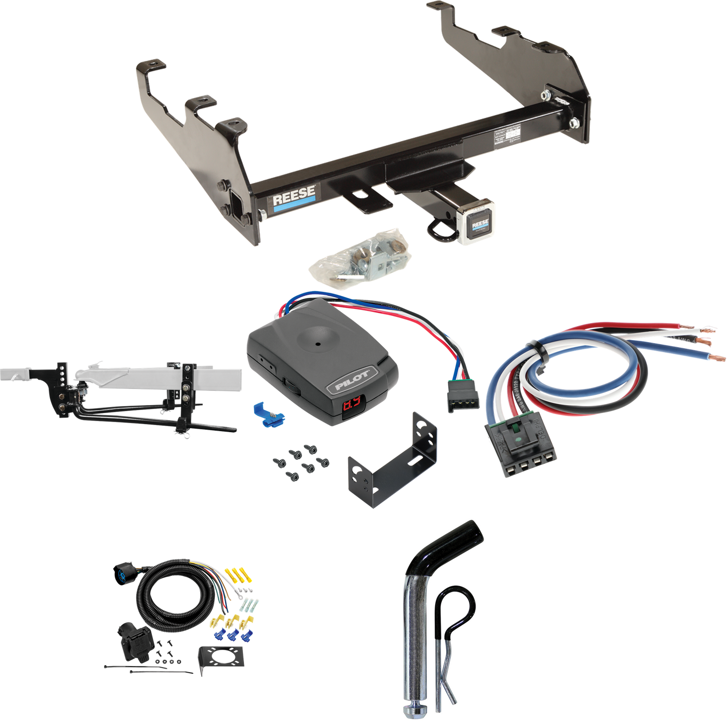 Fits 1979-1986 GMC K2500 Trailer Hitch Tow PKG w/ 11.5K Round Bar Weight Distribution Hitch w/ 2-5/16" Ball + Pin/Clip + Pro Series Pilot Brake Control + Generic BC Wiring Adapter + 7-Way RV Wiring (For w/Deep Drop Bumper Models) By Reese Towpower