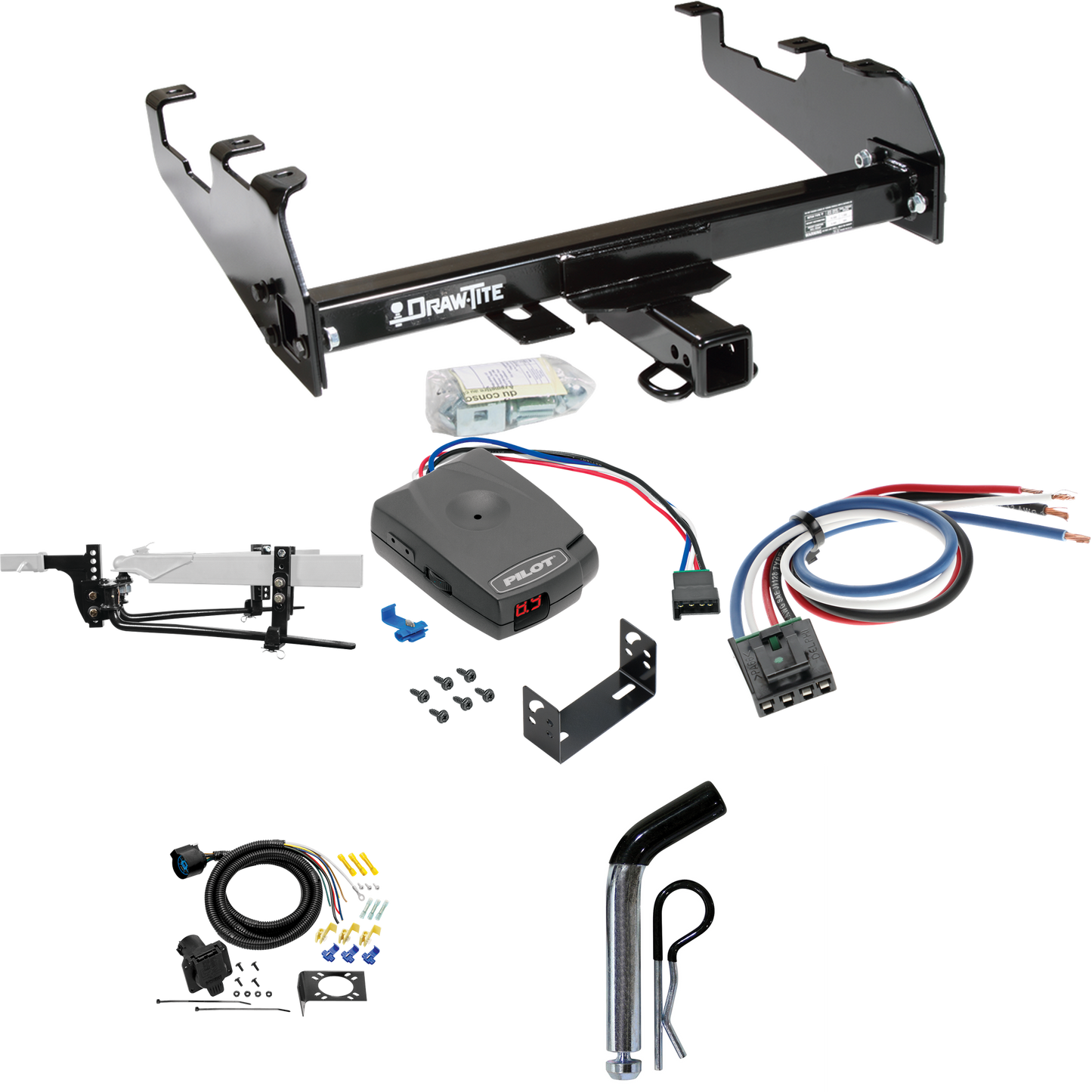 Fits 1963-1986 Chevrolet K10 Trailer Hitch Tow PKG w/ 11.5K Round Bar Weight Distribution Hitch w/ 2-5/16" Ball + Pin/Clip + Pro Series Pilot Brake Control + Generic BC Wiring Adapter + 7-Way RV Wiring (For w/Deep Drop Bumper Models) By Draw-Tite