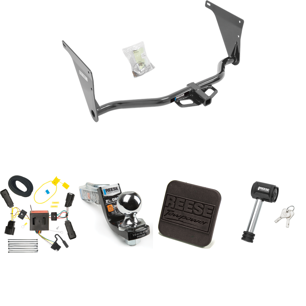 Fits 2013-2016 Ford Escape Trailer Hitch Tow PKG w/ 4-Flat Wiring Harness + Interlock Starter Kit w/ 2" Ball 2-1/2" Drop 2" Rise + Hitch Cover + Hitch Lock By Reese Towpower