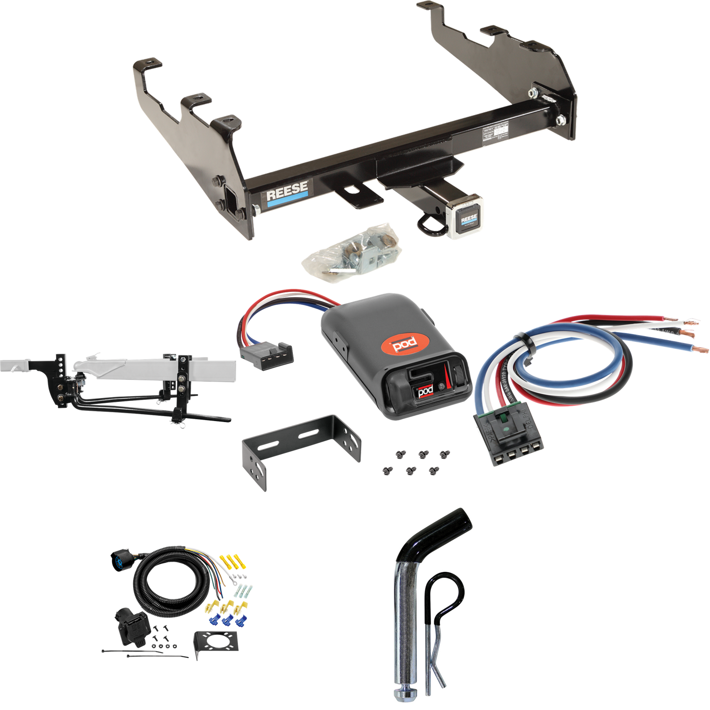 Fits 1975-1993 Ford F-150 Trailer Hitch Tow PKG w/ 11.5K Round Bar Weight Distribution Hitch w/ 2-5/16" Ball + Pin/Clip + Pro Series POD Brake Control + Generic BC Wiring Adapter + 7-Way RV Wiring (For w/Deep Drop Bumper Models) By Reese Towpower