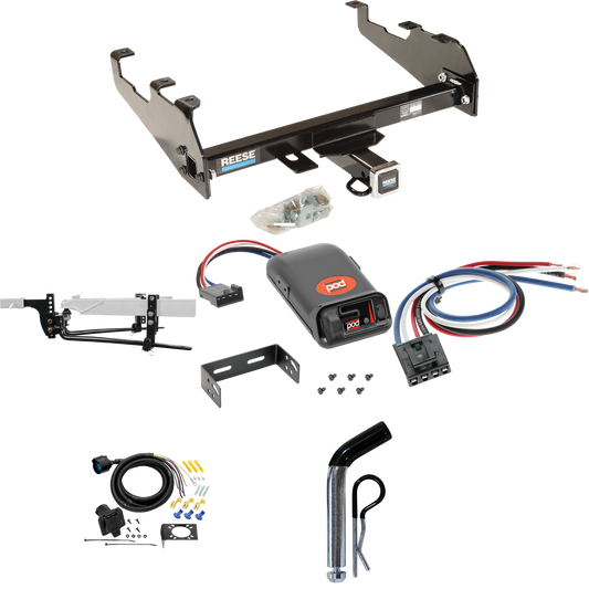 Fits 1975-1993 Ford F-150 Trailer Hitch Tow PKG w/ 11.5K Round Bar Weight Distribution Hitch w/ 2-5/16" Ball + Pin/Clip + Pro Series POD Brake Control + Generic BC Wiring Adapter + 7-Way RV Wiring (For w/Deep Drop Bumper Models) By Reese Towpower