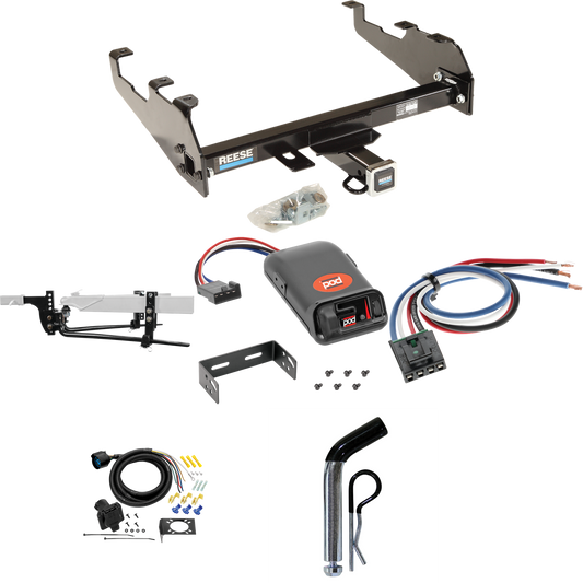 Fits 1963-1979 Ford F-100 Trailer Hitch Tow PKG w/ 11.5K Round Bar Weight Distribution Hitch w/ 2-5/16" Ball + Pin/Clip + Pro Series POD Brake Control + Generic BC Wiring Adapter + 7-Way RV Wiring (For w/Deep Drop Bumper Models) By Reese Towpower