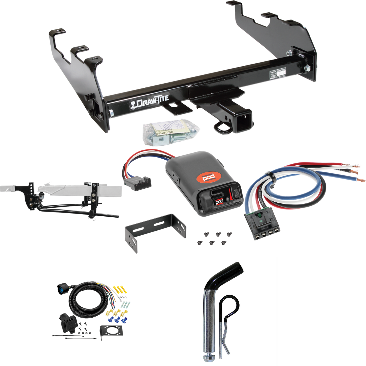 Fits 1963-1986 Chevrolet C30 Trailer Hitch Tow PKG w/ 11.5K Round Bar Weight Distribution Hitch w/ 2-5/16" Ball + Pin/Clip + Pro Series POD Brake Control + Generic BC Wiring Adapter + 7-Way RV Wiring (For w/Deep Drop Bumper Models) By Draw-Tite