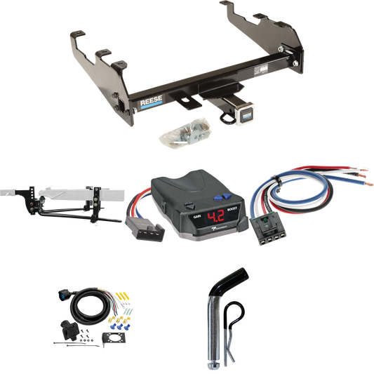 Fits 1979-1991 GMC K3500 Trailer Hitch Tow PKG w/ 11.5K Round Bar Weight Distribution Hitch w/ 2-5/16" Ball + Pin/Clip + Tekonsha BRAKE-EVN Brake Control + Generic BC Wiring Adapter + 7-Way RV Wiring (For w/Deep Drop Bumper Models) By Reese Towpower