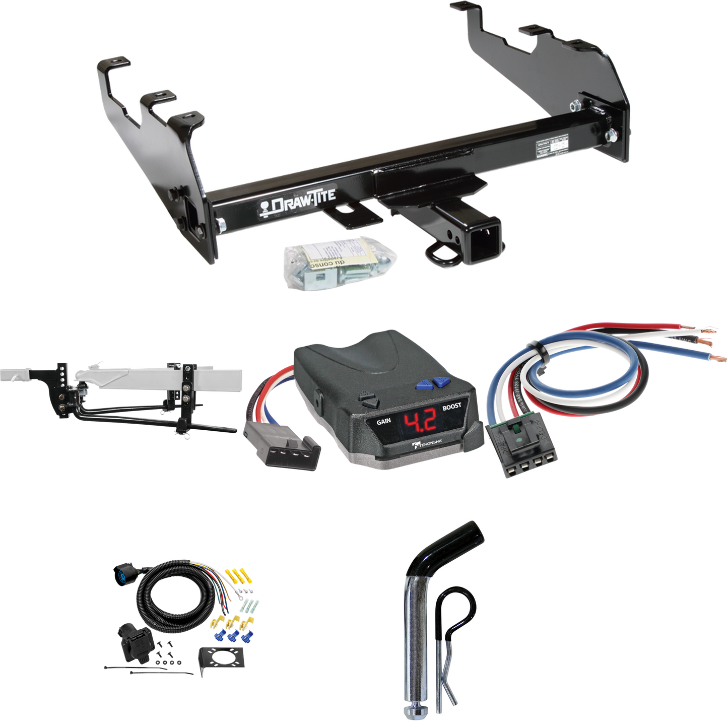 Fits 1980-1986 Ford F-250 Trailer Hitch Tow PKG w/ 11.5K Round Bar Weight Distribution Hitch w/ 2-5/16" Ball + Pin/Clip + Tekonsha BRAKE-EVN Brake Control + Generic BC Wiring Adapter + 7-Way RV Wiring (For w/Deep Drop Bumper, Except w/Custom Fascia M