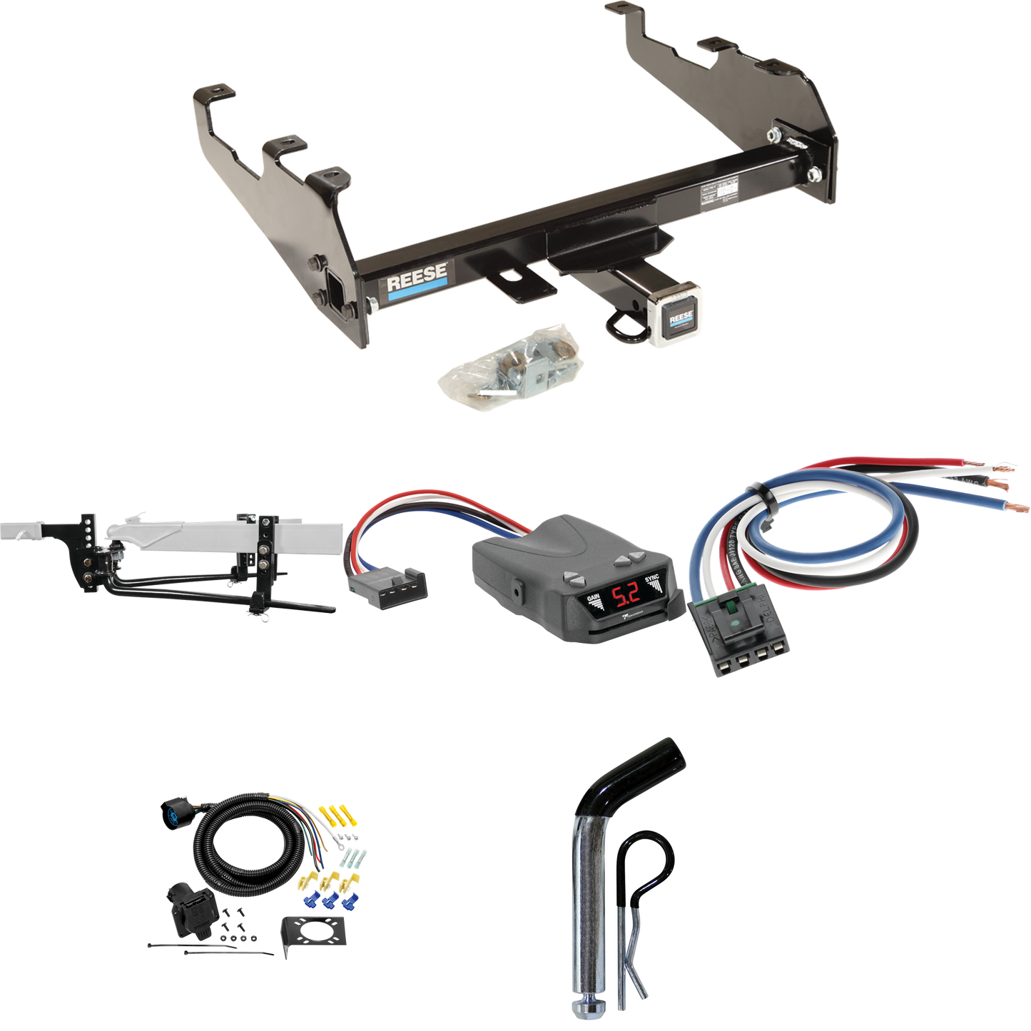 Fits 1963-1986 Chevrolet C20 Trailer Hitch Tow PKG w/ 11.5K Round Bar Weight Distribution Hitch w/ 2-5/16" Ball + Pin/Clip + Tekonsha Brakeman IV Brake Control + Generic BC Wiring Adapter + 7-Way RV Wiring (For w/Deep Drop Bumper Models) By Reese Tow