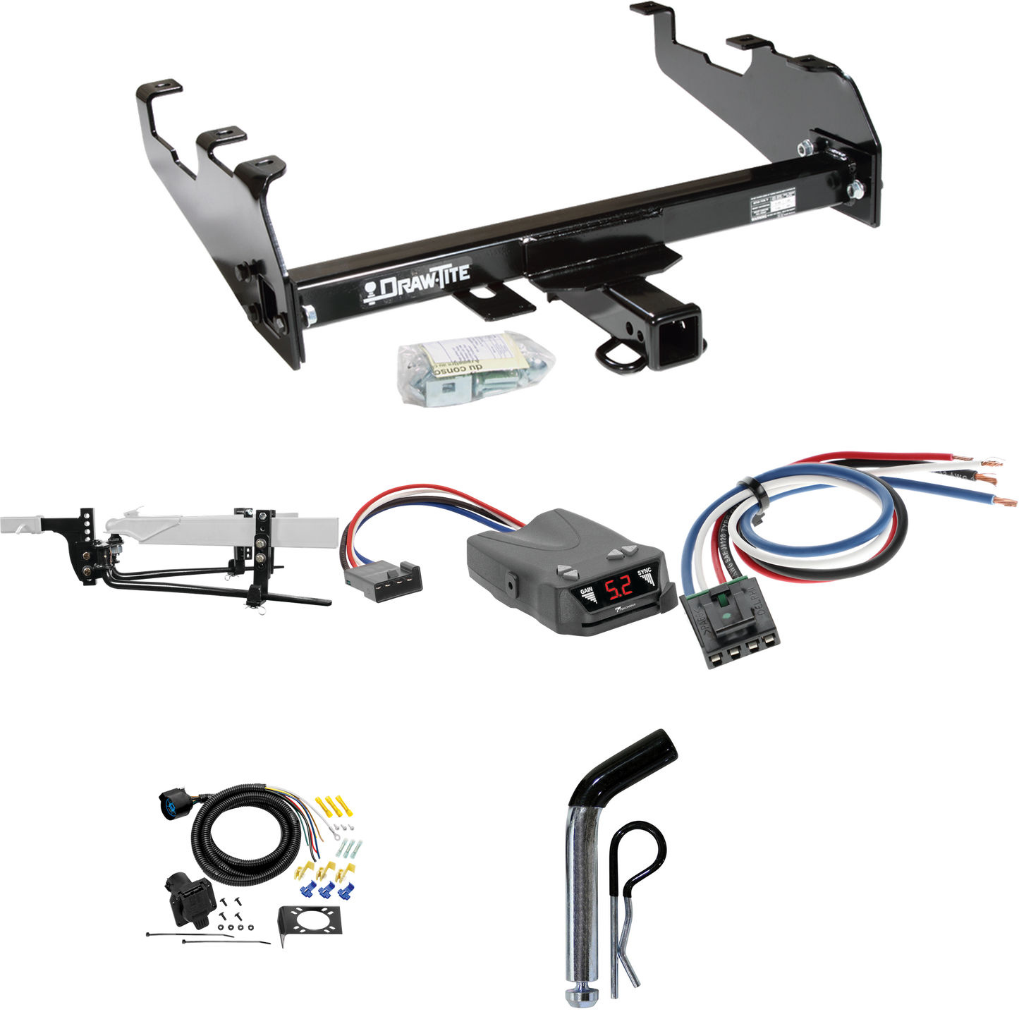 Fits 1979-1986 GMC C1500 Trailer Hitch Tow PKG w/ 11.5K Round Bar Weight Distribution Hitch w/ 2-5/16" Ball + Pin/Clip + Tekonsha Brakeman IV Brake Control + Generic BC Wiring Adapter + 7-Way RV Wiring (For w/Deep Drop Bumper Models) By Draw-Tite