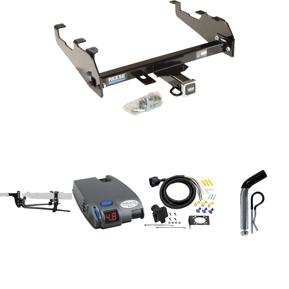 Fits 1979-1986 GMC K1500 Trailer Hitch Tow PKG w/ 11.5K Round Bar Weight Distribution Hitch w/ 2-5/16" Ball + Pin/Clip + Tekonsha Primus IQ Brake Control + 7-Way RV Wiring (For w/Deep Drop Bumper Models) By Reese Towpower