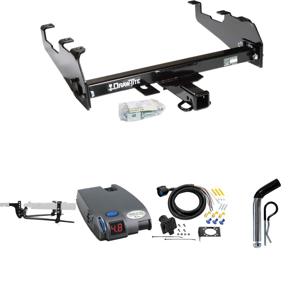 Fits 1988-1991 GMC K3500 Trailer Hitch Tow PKG w/ 11.5K Round Bar Weight Distribution Hitch w/ 2-5/16" Ball + Pin/Clip + Tekonsha Primus IQ Brake Control + 7-Way RV Wiring (For w/Deep Drop Bumper Models) By Draw-Tite