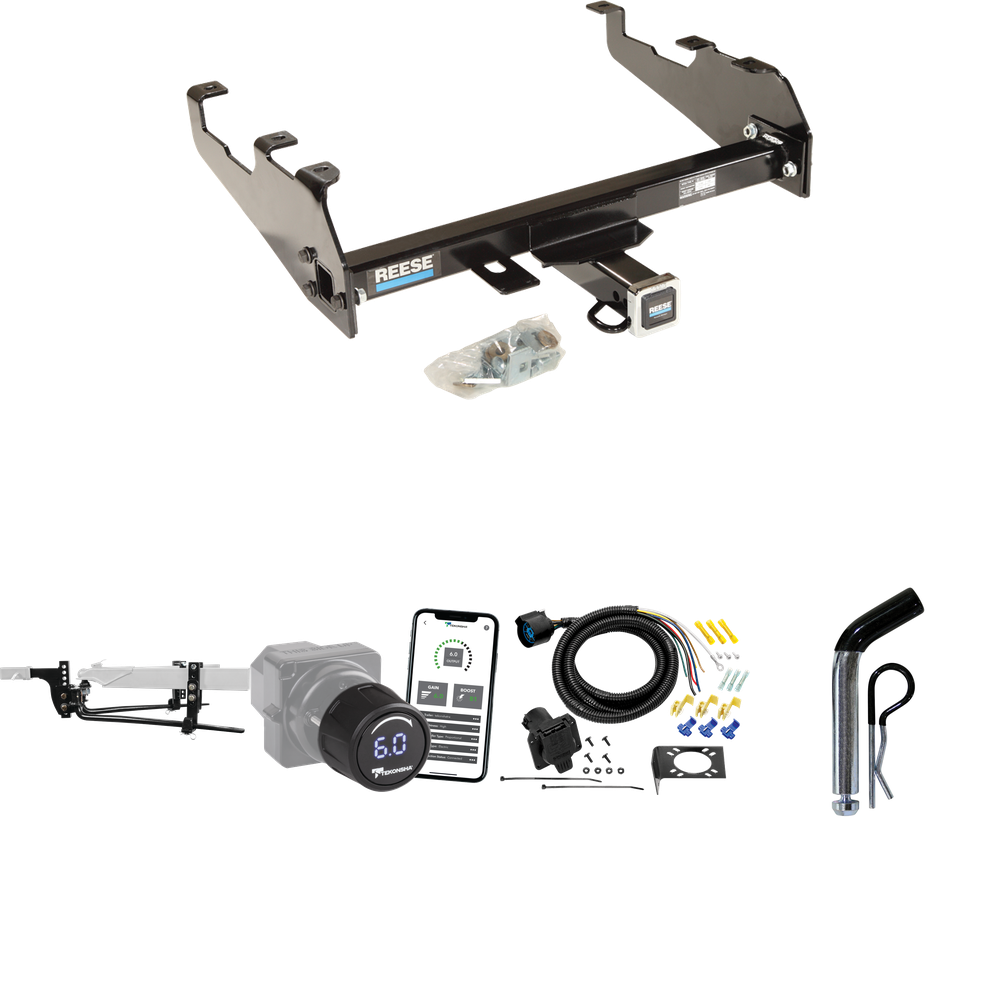 Fits 1979-1986 GMC C1500 Trailer Hitch Tow PKG w/ 11.5K Round Bar Weight Distribution Hitch w/ 2-5/16" Ball + Pin/Clip + Tekonsha Prodigy iD Bluetooth Wireless Brake Control + 7-Way RV Wiring (For w/Deep Drop Bumper Models) By Reese Towpower