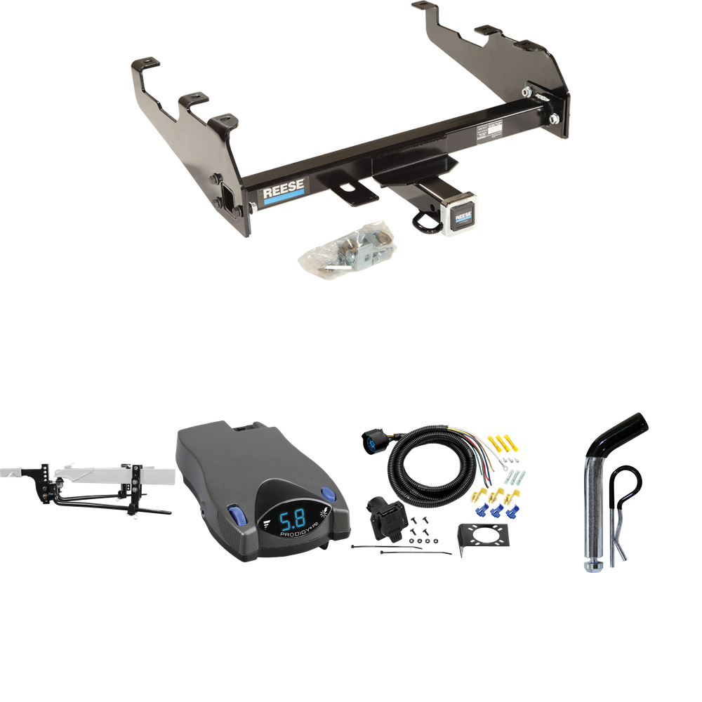 Fits 1987-1993 Ford F-150 Trailer Hitch Tow PKG w/ 11.5K Round Bar Weight Distribution Hitch w/ 2-5/16" Ball + Pin/Clip + Tekonsha Prodigy P2 Brake Control + 7-Way RV Wiring (For w/Deep Drop Bumper Models) By Reese Towpower