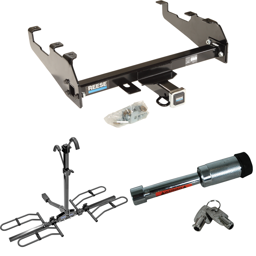 Fits 1969-1970 International 1000D Trailer Hitch Tow PKG w/ 2 Bike Plaform Style Carrier Rack + Hitch Lock (For w/Deep Drop Bumper Models) By Reese Towpower