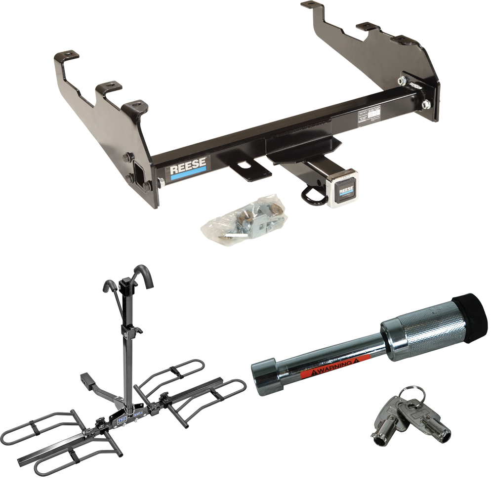 Fits 1963-1965 GMC 2500 Series Trailer Hitch Tow PKG w/ 2 Bike Plaform Style Carrier Rack + Hitch Lock (For w/Deep Drop Bumper Models) By Reese Towpower