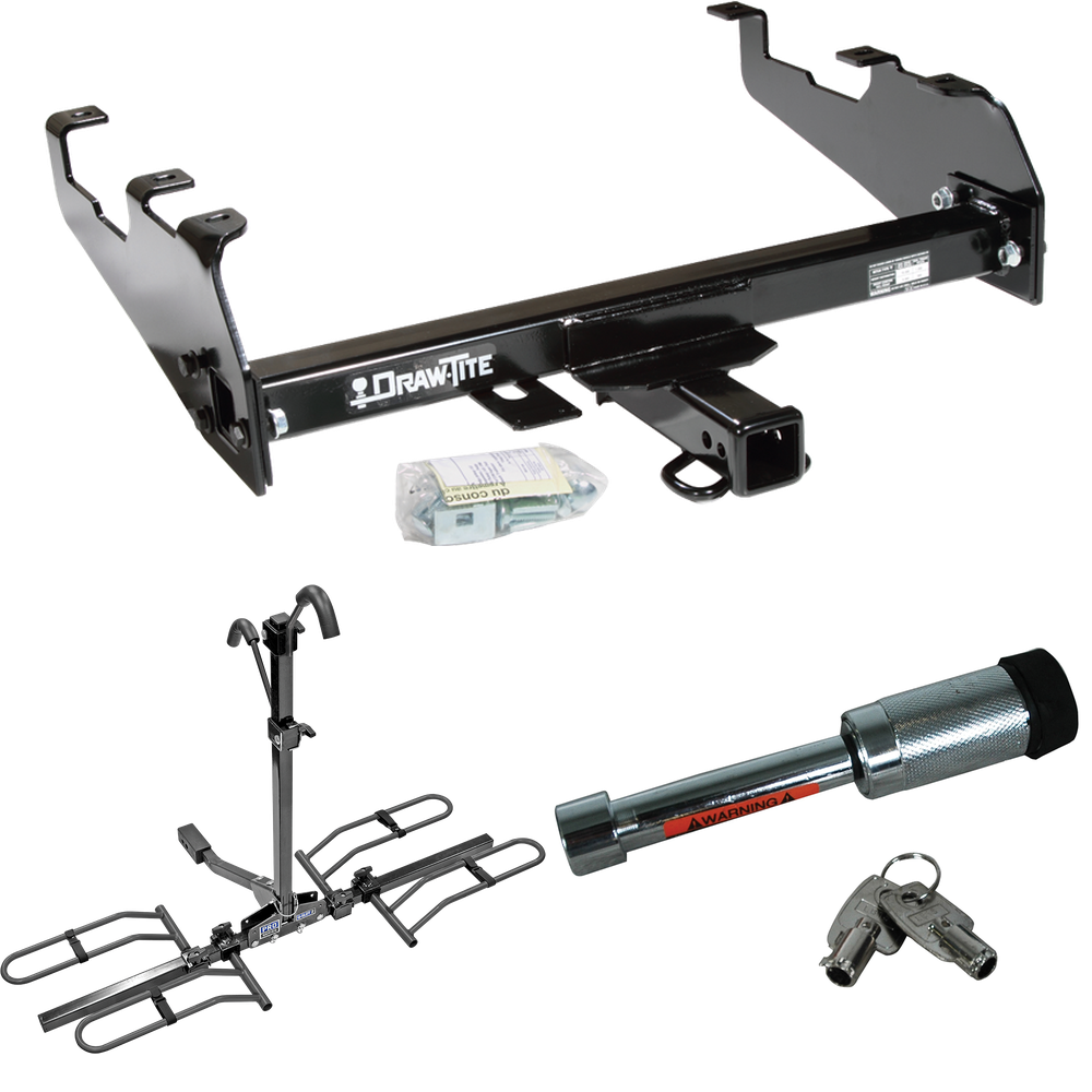 Fits 1967-1978 GMC C15 Trailer Hitch Tow PKG w/ 2 Bike Plaform Style Carrier Rack + Hitch Lock (For w/Deep Drop Bumper Models) By Draw-Tite