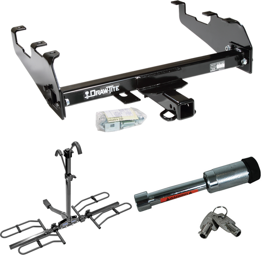 Fits 1988-1991 Chevrolet C3500 Trailer Hitch Tow PKG w/ 2 Bike Plaform Style Carrier Rack + Hitch Lock (For Crew Cab, w/Deep Drop Bumper Models) By Draw-Tite