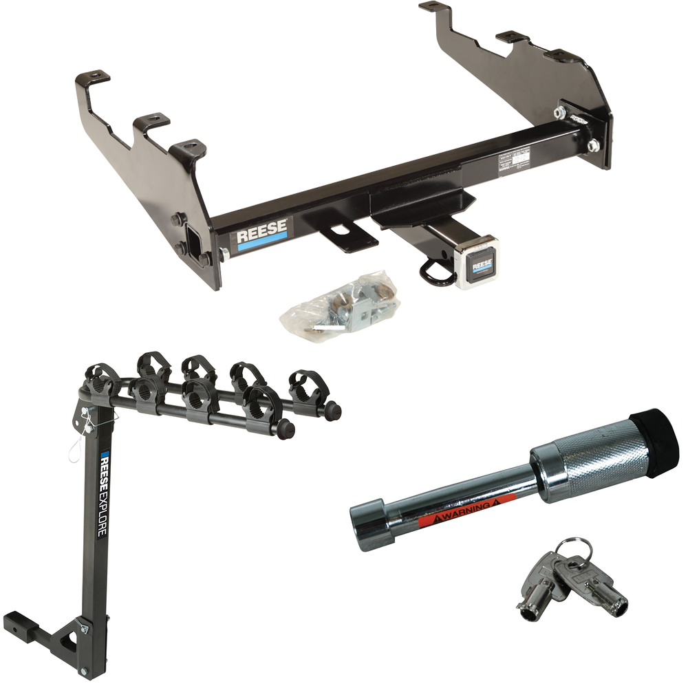 Fits 1967-1980 Dodge W200 Trailer Hitch Tow PKG w/ 4 Bike Carrier Rack + Hitch Lock (For w/Deep Drop Bumper Models) By Reese Towpower