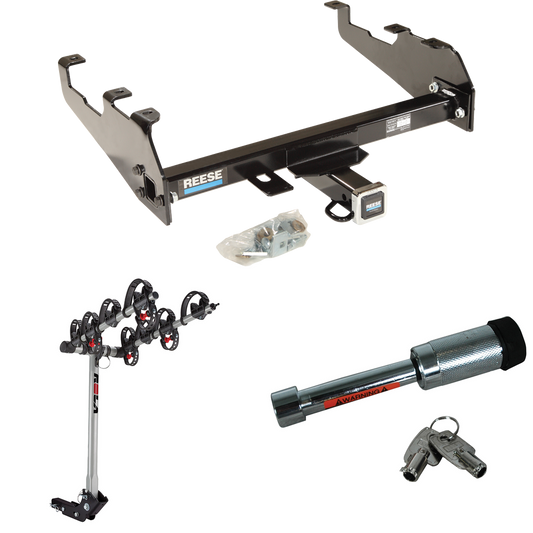 Fits 1986-1989 Dodge D100 Trailer Hitch Tow PKG w/ 4 Bike Carrier Rack + Hitch Lock (For w/Deep Drop Bumper Models) By Reese Towpower