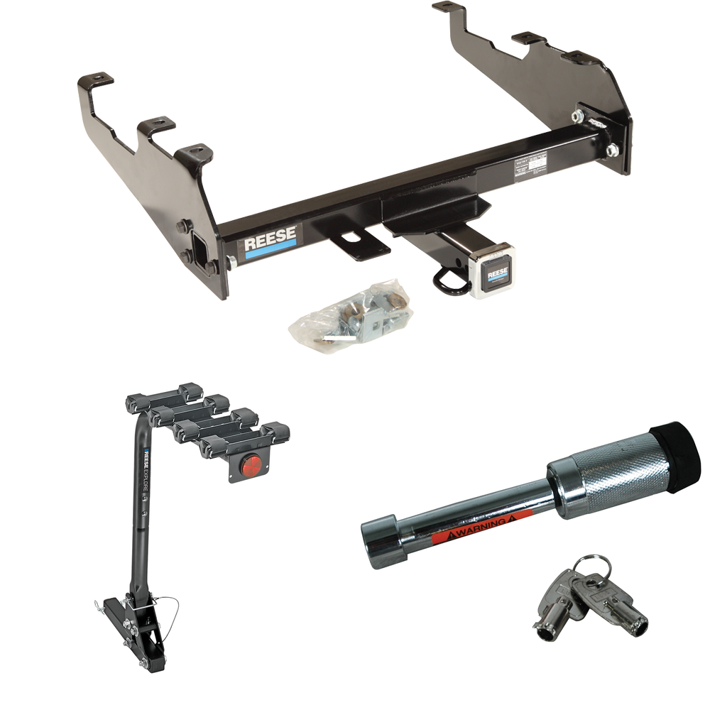 Fits 1997-1997 Ford F-350 Trailer Hitch Tow PKG w/ 4 Bike Carrier Rack + Hitch Lock (For Heavy Duty, w/Deep Drop Bumper Models) By Reese Towpower