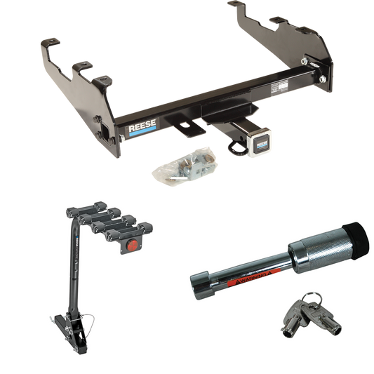 Fits 1980-1983 Ford F-100 Trailer Hitch Tow PKG w/ 4 Bike Carrier Rack + Hitch Lock (For w/Deep Drop Bumper, Except w/Custom Fascia Models) By Reese Towpower