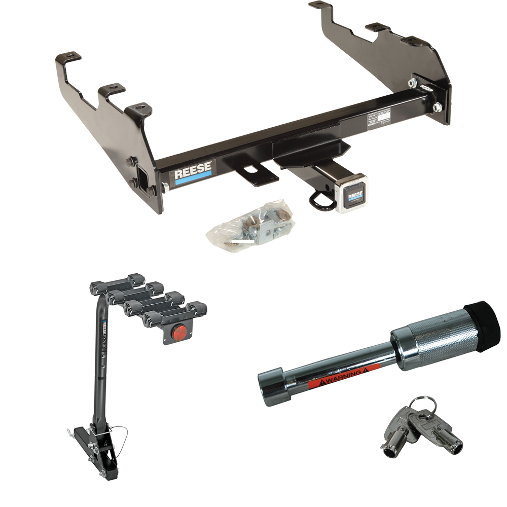 Fits 1963-1979 Ford F-100 Trailer Hitch Tow PKG w/ 4 Bike Carrier Rack + Hitch Lock (For w/Deep Drop Bumper Models) By Reese Towpower