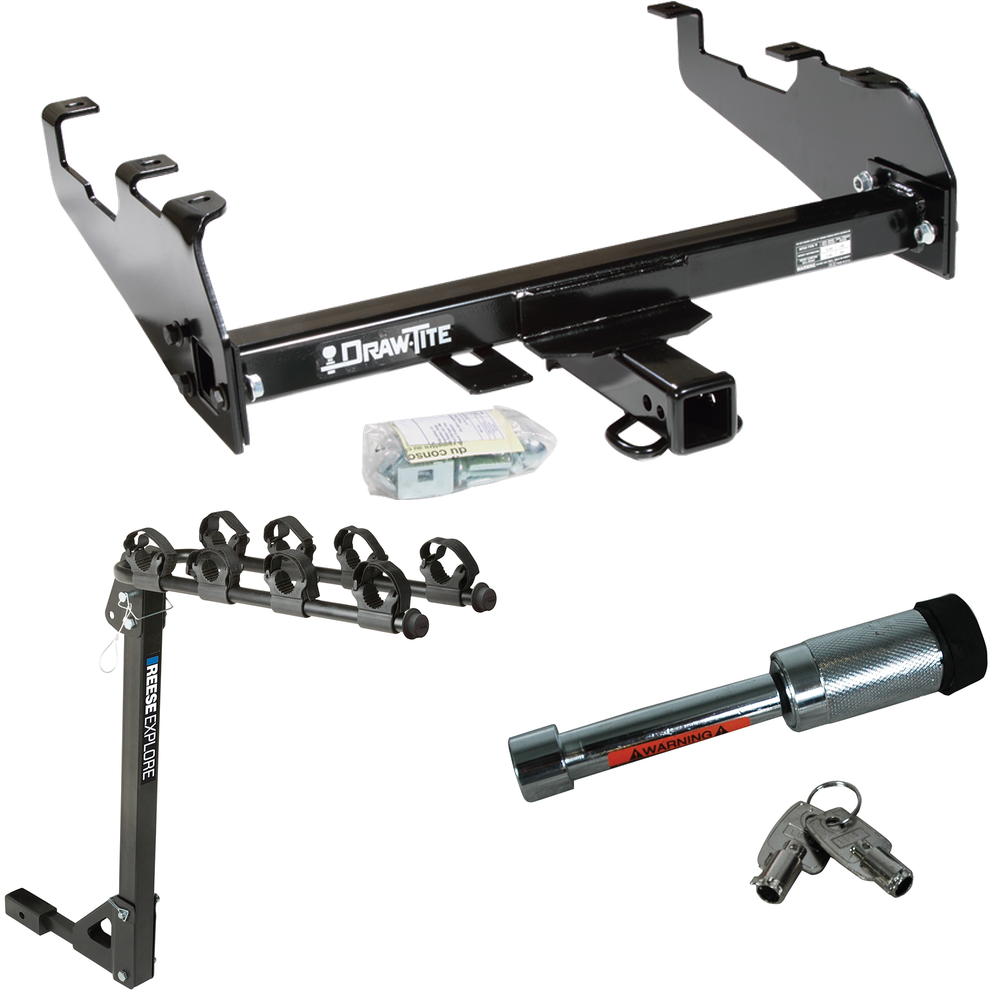 Fits 1987-1996 Ford F-150 Trailer Hitch Tow PKG w/ 4 Bike Carrier Rack + Hitch Lock (For w/Deep Drop Bumper Models) By Draw-Tite