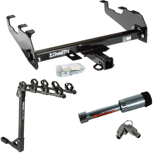 Fits 1987-1996 Ford F-150 Trailer Hitch Tow PKG w/ 4 Bike Carrier Rack + Hitch Lock (For w/Deep Drop Bumper Models) By Draw-Tite