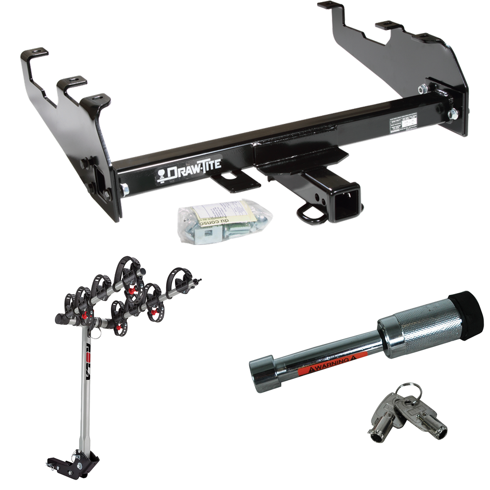 Fits 1968-1979 Dodge D100 Trailer Hitch Tow PKG w/ 4 Bike Carrier Rack + Hitch Lock (For w/Deep Drop Bumper Models) By Draw-Tite