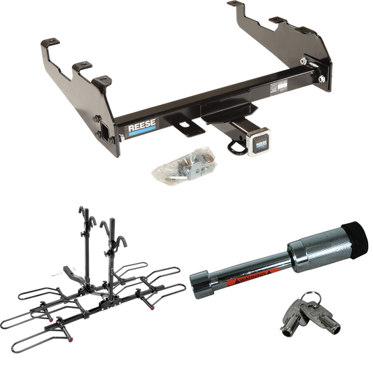 Fits 1997-1997 Ford F-250 HD Trailer Hitch Tow PKG w/ 4 Bike Plaform Style Carrier Rack + Hitch Lock (For w/Deep Drop Bumper Models) By Reese Towpower