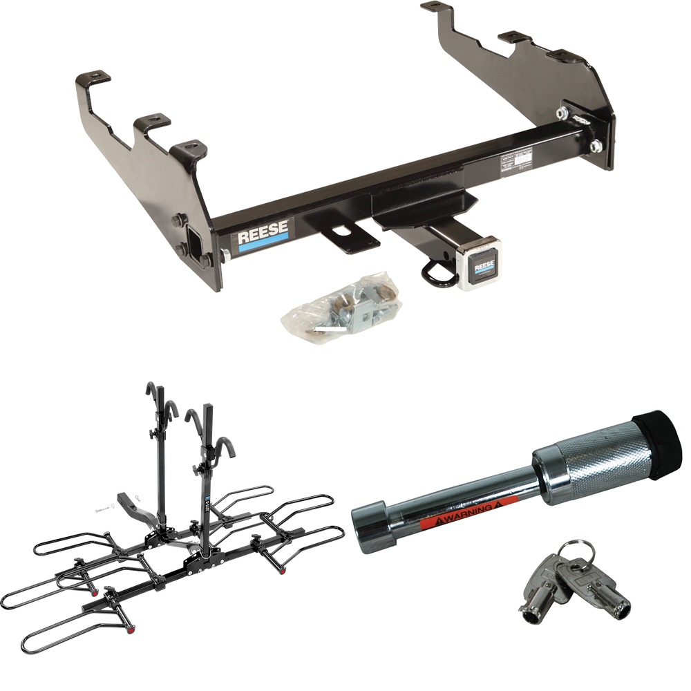 Fits 1981-1993 Dodge W350 Trailer Hitch Tow PKG w/ 4 Bike Plaform Style Carrier Rack + Hitch Lock (For w/Deep Drop Bumper Models) By Reese Towpower