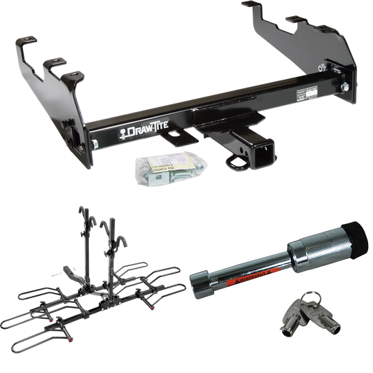 Fits 1975-1979 Ford F-150 Trailer Hitch Tow PKG w/ 4 Bike Plaform Style Carrier Rack + Hitch Lock (For w/Deep Drop Bumper Models) By Draw-Tite