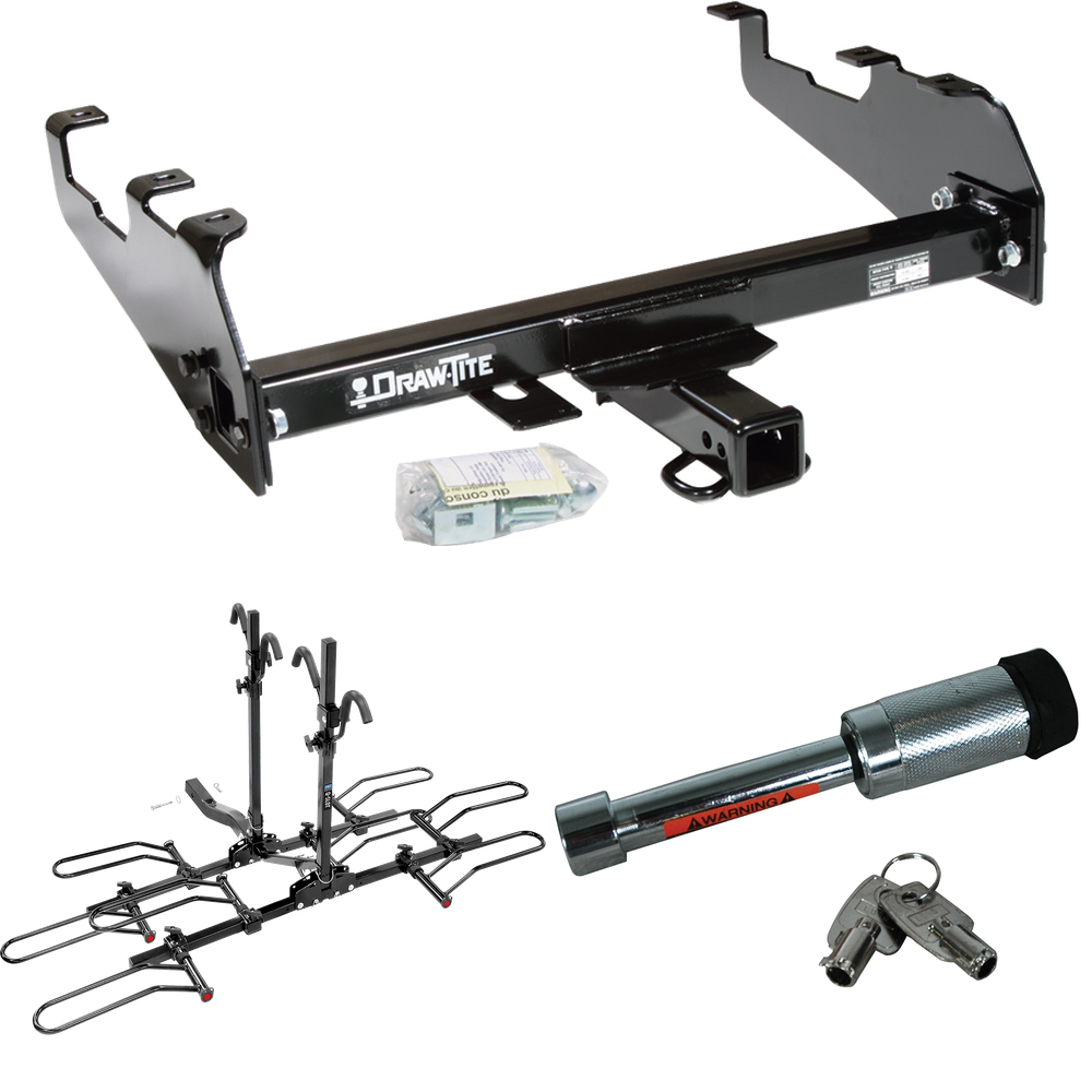 Fits 1989-1997 Ford F Super Duty Trailer Hitch Tow PKG w/ 4 Bike Plaform Style Carrier Rack + Hitch Lock (For Cab & Chassis, w/34" Wide Frames & 161" Wheelbase & w/Deep Drop Bumper Models) By Draw-Tite