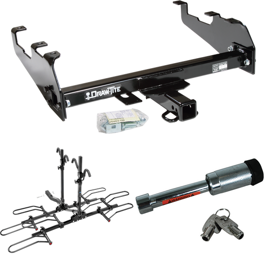 Fits 1989-1997 Ford F Super Duty Trailer Hitch Tow PKG w/ 4 Bike Plaform Style Carrier Rack + Hitch Lock (For Cab & Chassis, w/34" Wide Frames & 161" Wheelbase & w/Deep Drop Bumper Models) By Draw-Tite